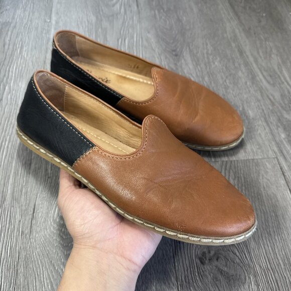 Charix Shoes - Charix Leather Ballet Flat Two Tone Brown Shoes Slip-On Women's Size EU 40 US 9